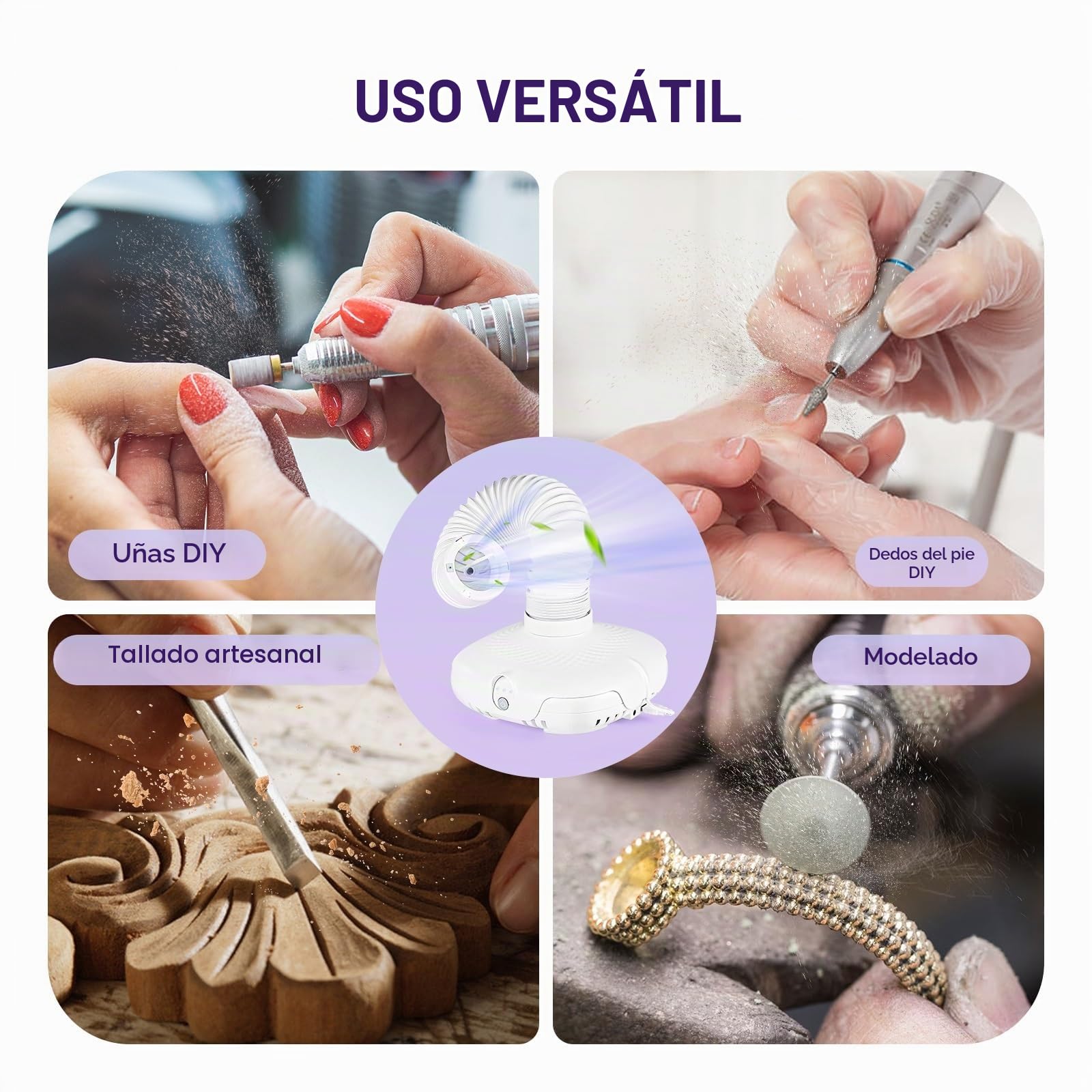 130 W máquina de recogida de polvo de uñas con luz LED y tubo flexible de 360°: succión ajustable en 3 niveles, ultra silencioso para manicura sin polvo, pedicura