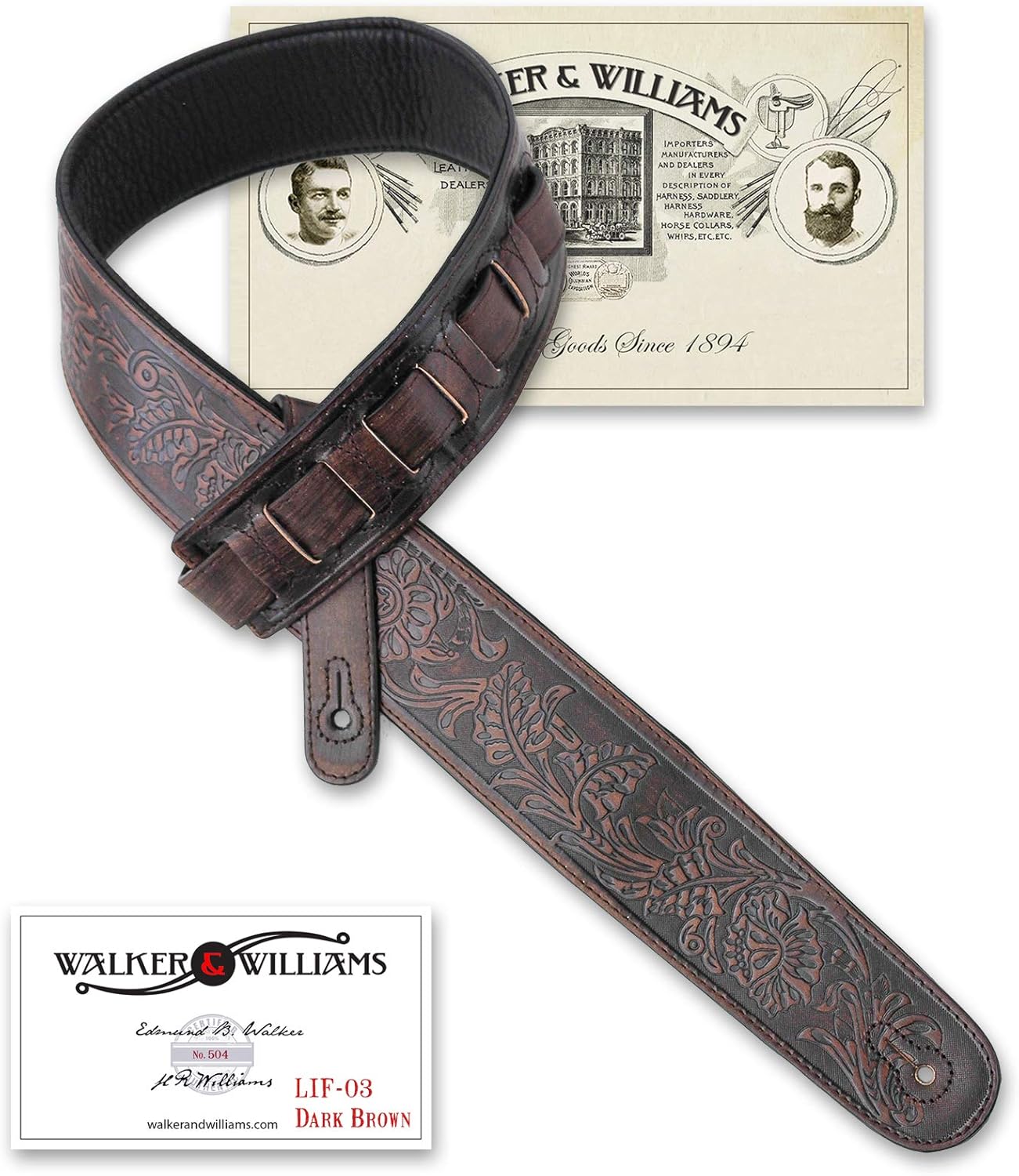 Walker & Williams LIF-03 Distressed “Weathered Dark Brown Padded Guitar Strap with Western Sheridan Tooling For Acoustic, Electric, And Bass Guitars