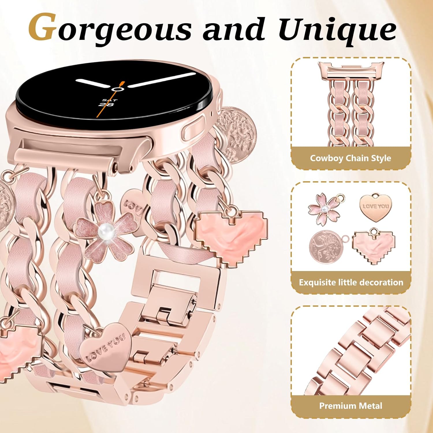 Stylish Metal Bands Compatible with Samsung Galaxy Watch 8 40mm 44mm/Galaxy Watch 8 Classic 46mm,Adjustable Double Chain Strap with Decorative Charms Accessories for Women - Image 4