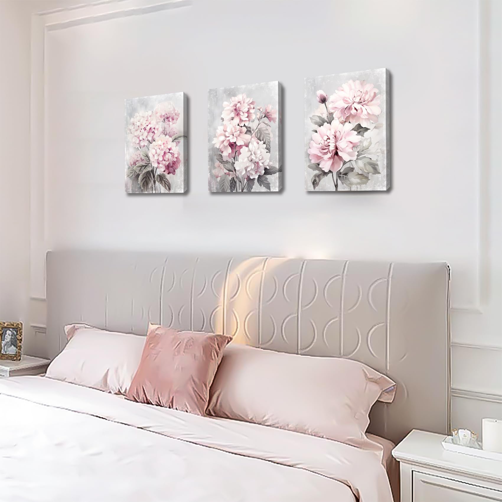 3 Pcs Wooden Framed Blush Grey Pink Canvas Wall Art Pink Hydrangeas Peonies Floral Blossom Canvas Painting Pictures for Living Room Bedroom Bathroom Hallway Home Wall Decoration 90x40cm(12"x16"x3pcs) — view 4