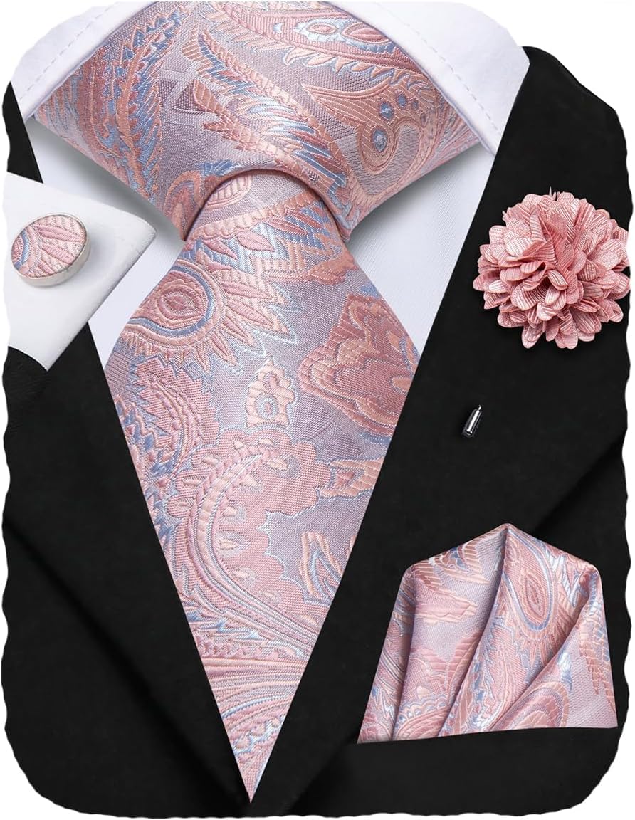 Hi-Tie Mens Tie Set Silk Striped Woven Necktie with Lapel Pin Pocket Square Cufflinks Set for Wedding Party