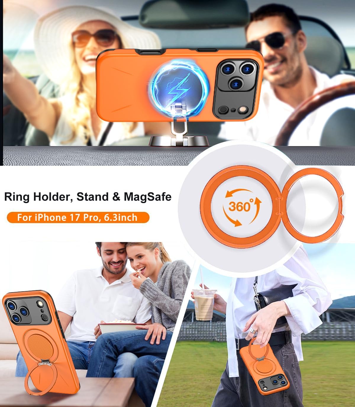 Case for iPhone 17 Pro Compatible with MagSafe with 360°Rotating Magnetic Stand Ring [Military Protection] Glossy Dual Layer Slim Case with 1 Screen Protector for iPhone 17 Pro 6.3"(Orange)