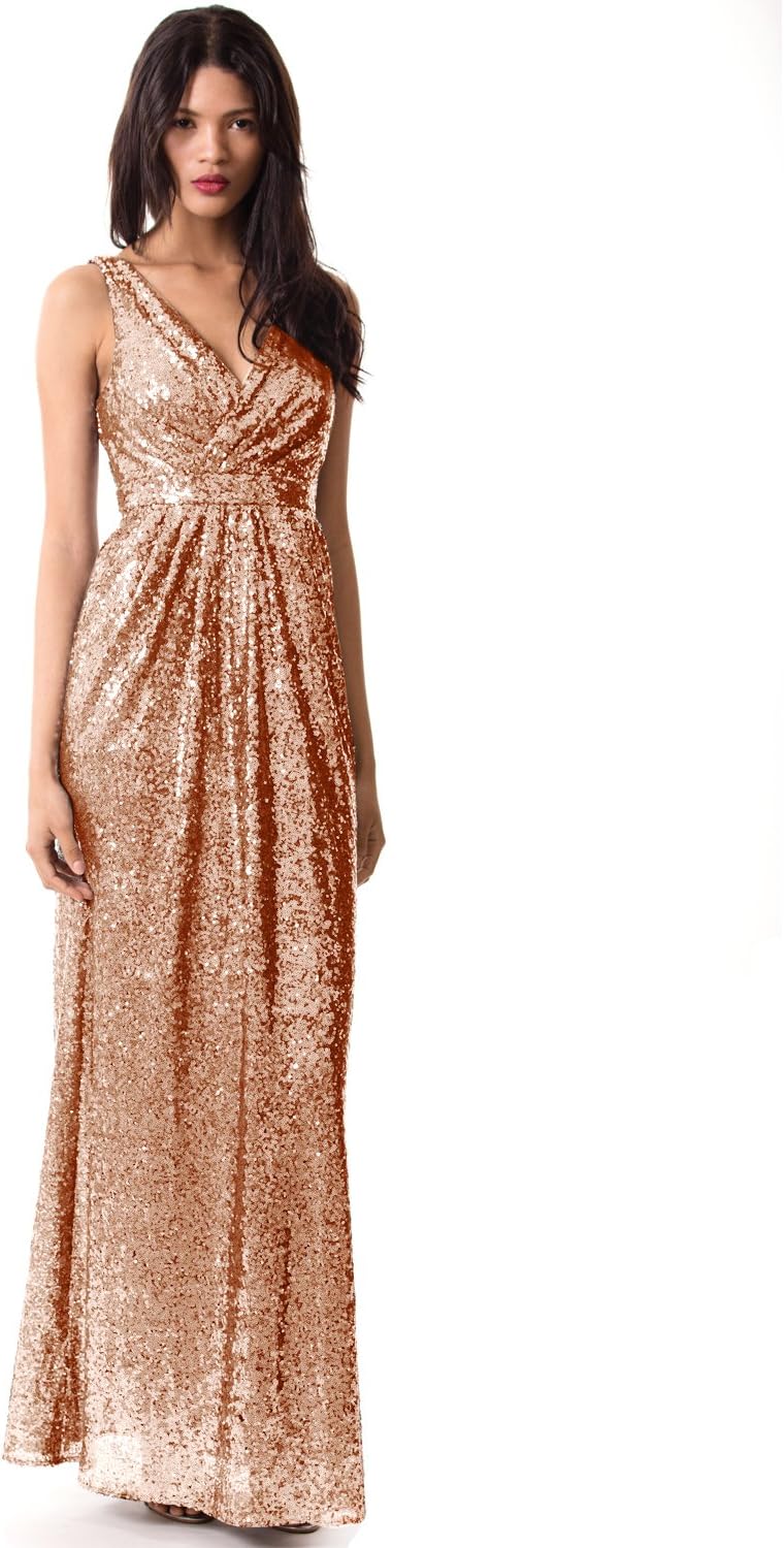 Women's Sleeveless Deep V Neck Sequined Evening Gown Ruched Bodice (2, Rose Gold)