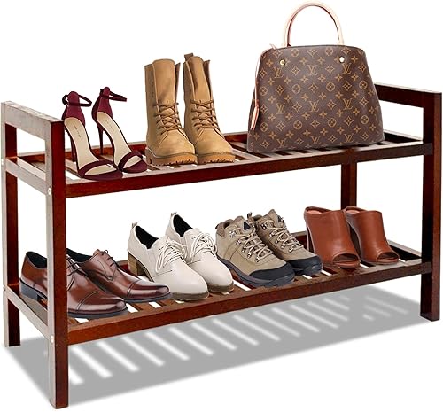 Zapatero retro de madera maciza estante vintage de 2 niveles resistente apilable extra grande organizador de almacenamiento para entrada baño
