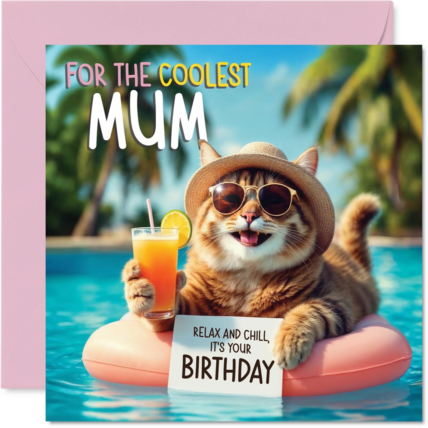 Mum Birthday Card - Pool Cat - Happy Birthday Card for Mum from Son Daughter, 145mm pool cat Bday Greeting Cards