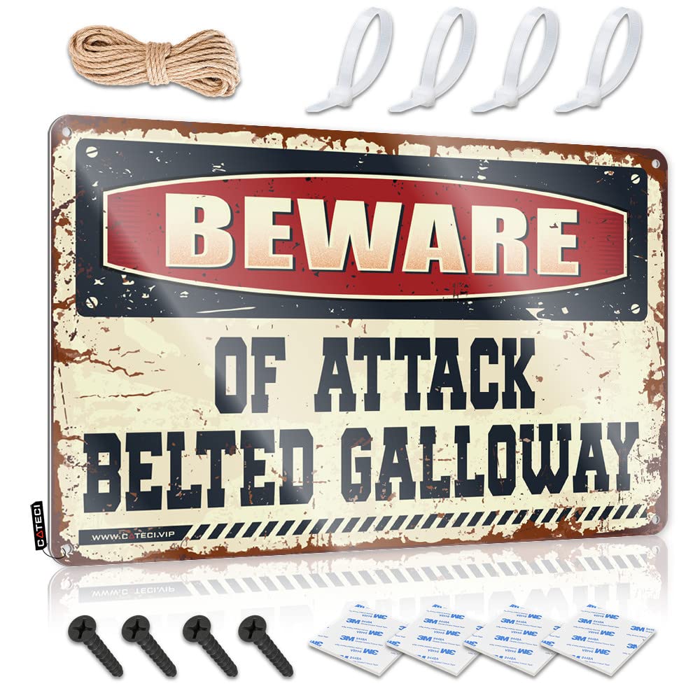 HELIOFORGE Door Signs For Bedroom Beware Of Attack Belted Galloway Tin Sign Funny Sarcastic Metal Tin Sign Bathroom Bedroom Do(30X40CM)