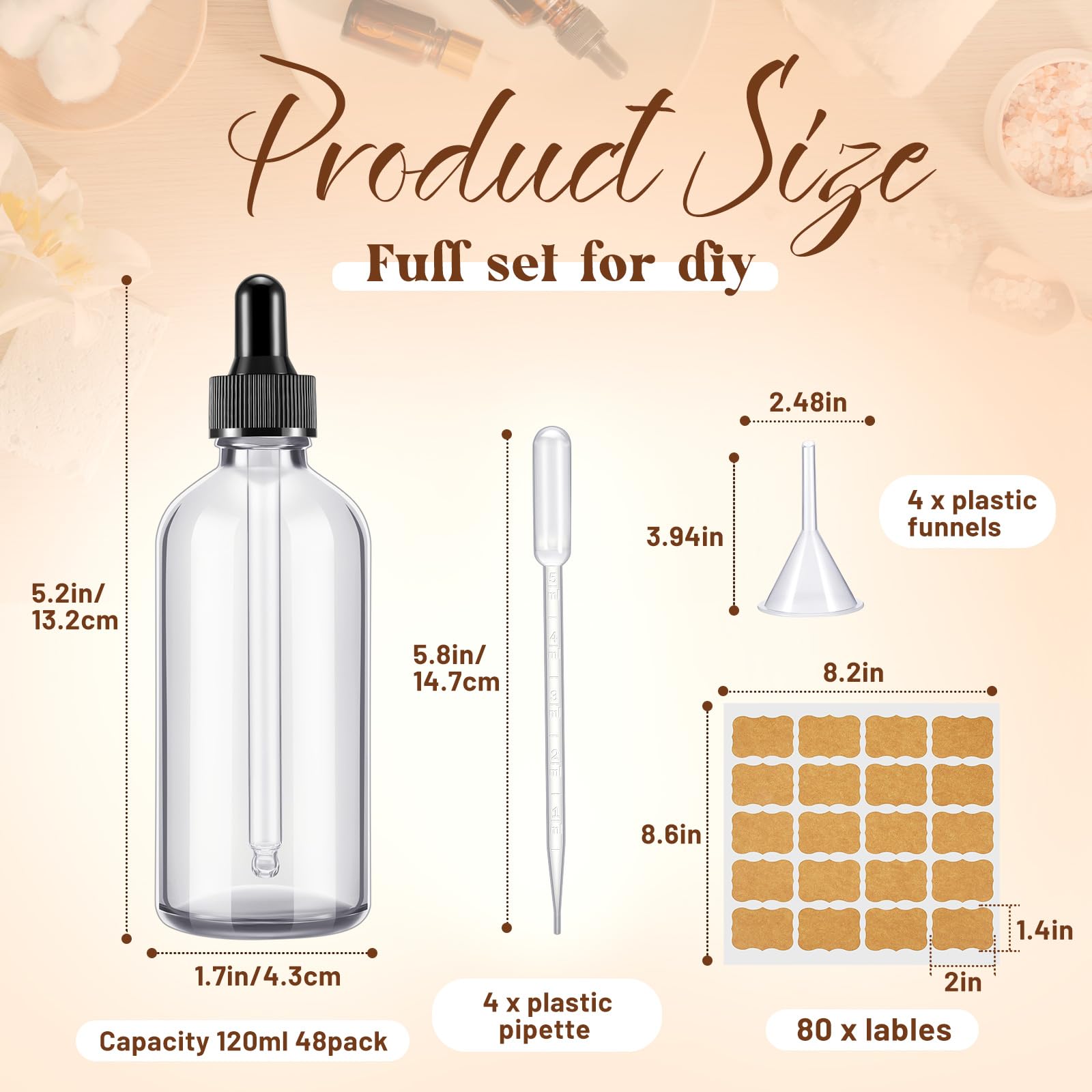 Lallisa 48 Stück Glas-Tropfflaschen mit Augentropfenspender, Labor Tropfflaschen mit 4 langen Pipetten, 4 Trichter und 80 Etiketten für Reisen, Nagelhautmassage, ätherische Öle, Parfüm (transparent,