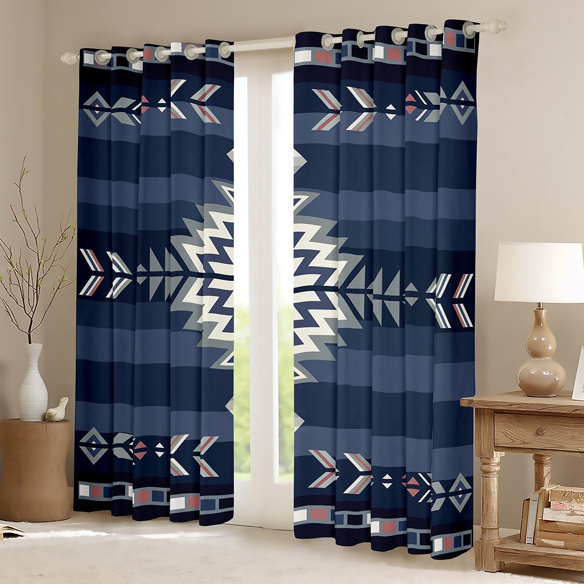 Feelyou (2 Panels, 42 x 84 Inch) Southwest Native Design Darkening Dreapes Southwestern Geometric Curtains for Bedroom Living Room Kids Tribal Blackout Curtains Blue Window Treatments
