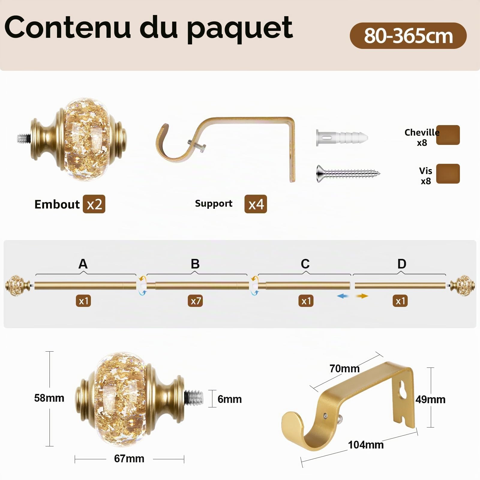 USFOOK Tringles à rideaux longues pour fenêtres de 183 à 366 cm, télescopiques modulables, 2 cm de diamètre, décoratives et robustes, embouts translucides, 81;5 x 366 cm Doré raffiné