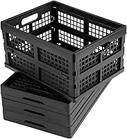 Eslite 16L Collapsible Plastic Storage Crates, Pack of 4 Black Folding Bins - Durable 30lb Capacity Organizers for Garage, Dorm, Car Trunk