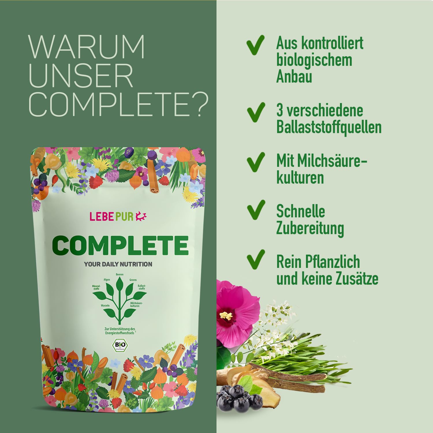 Lebepur BIO COMPLETE Mix (400g) – Daily Greens mit Spirulina, Gerstengras & Probiotika – Unterstützung des Energiestoffwechsels durch natürliches Calcium – 20 hochwertige Bio-Zutaten
