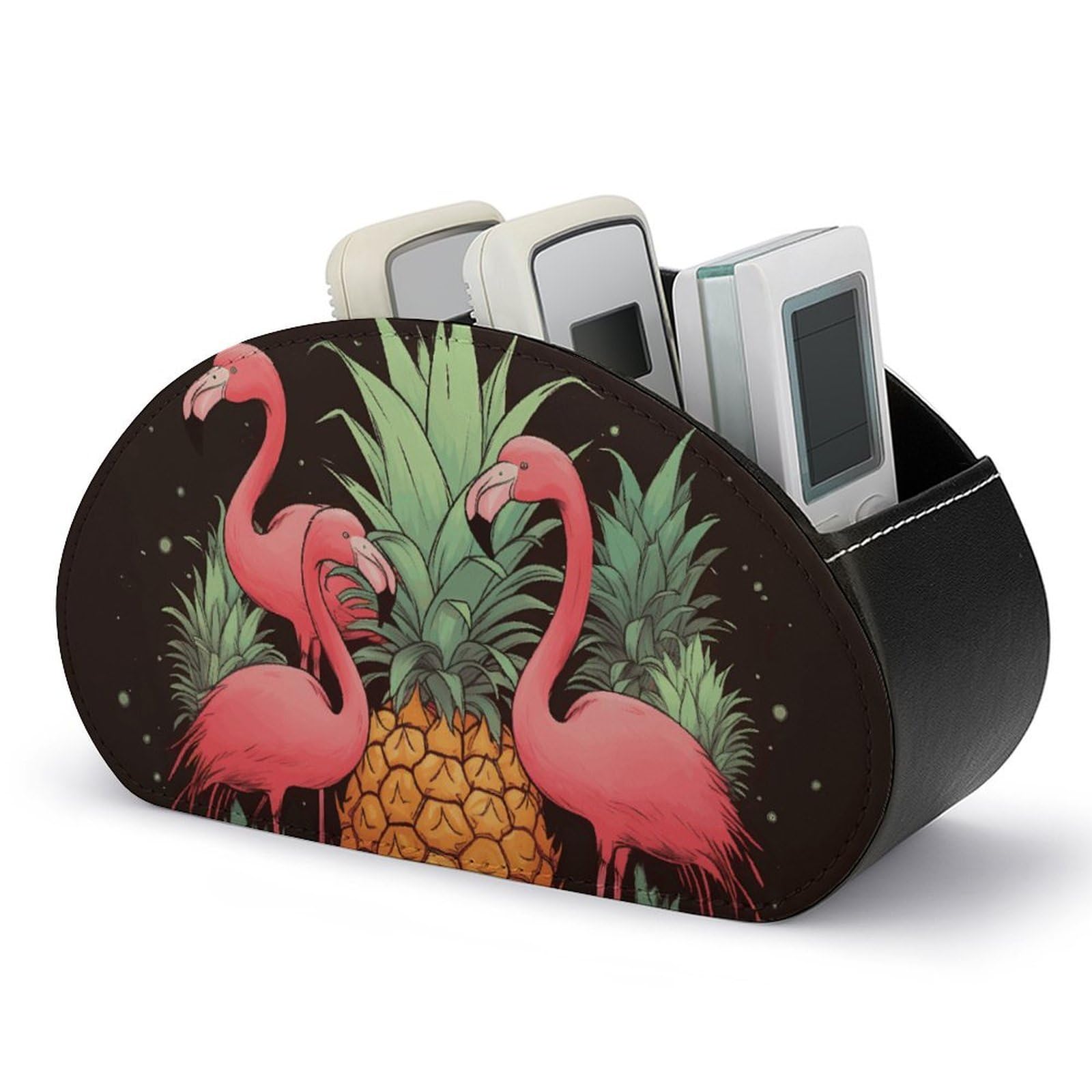 NTVOWPZO Pineapple Flamingos Remote Control Holder with 5 Compartment Organizer Box, Leather TV Remote Holder Organizer Caddy for Table, PU Leather Remote Box for Nightstand Office Desk Storage Box