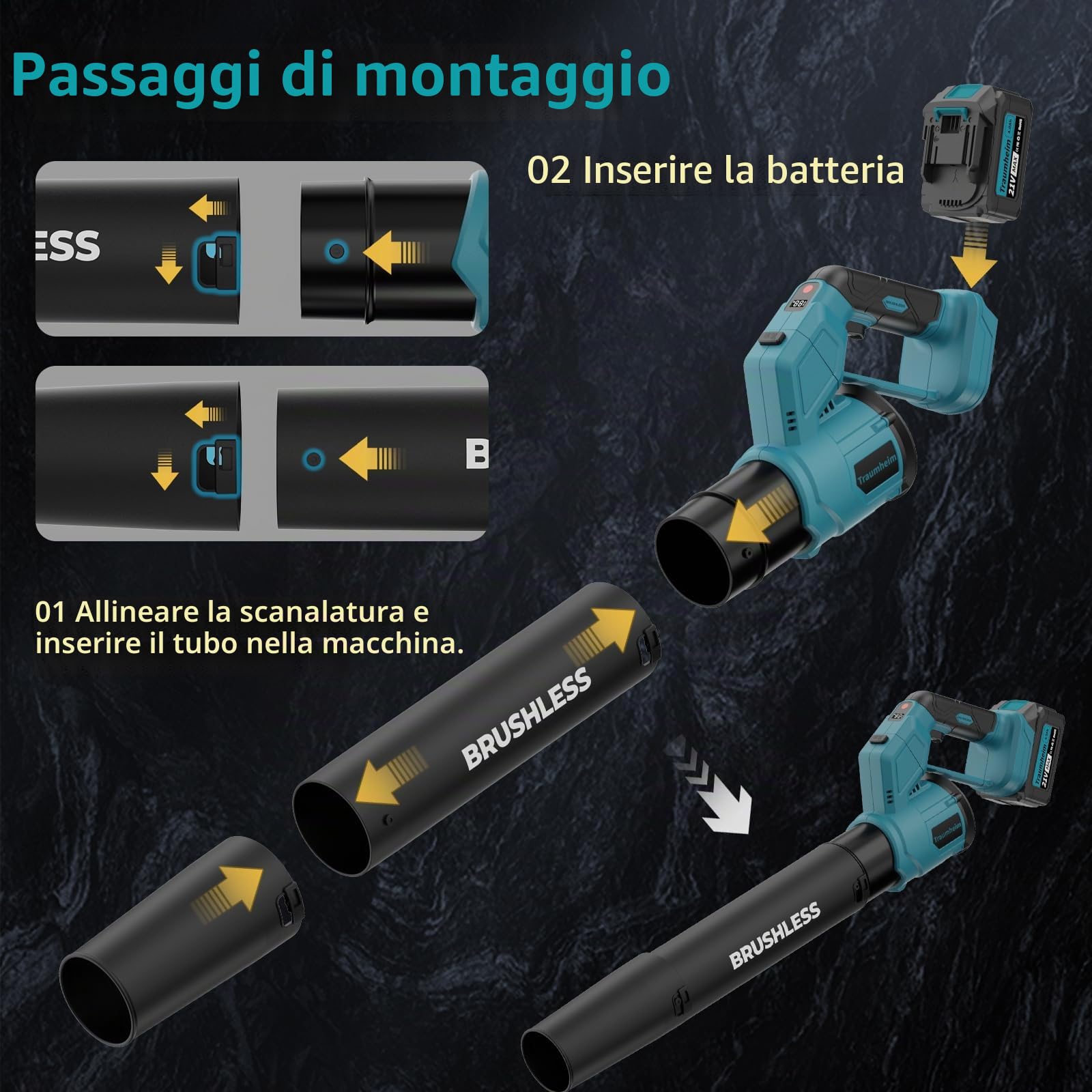 Soffiatore per foglie a batteria 2 in 1, motore brushless, 3 velocità, velocità massima 900.000 giri/min, flusso d'aria 1000 m³/h, modalità verticale e orizzontale (Batteria non inclusa)