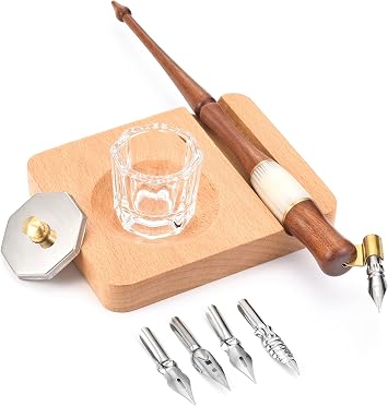 Yoption Wood Dip Pen Set, Calligraphy Oblique Nib Holder With Desktop Pen Holder, Ink Bottle Container and 5 Nibs Kit