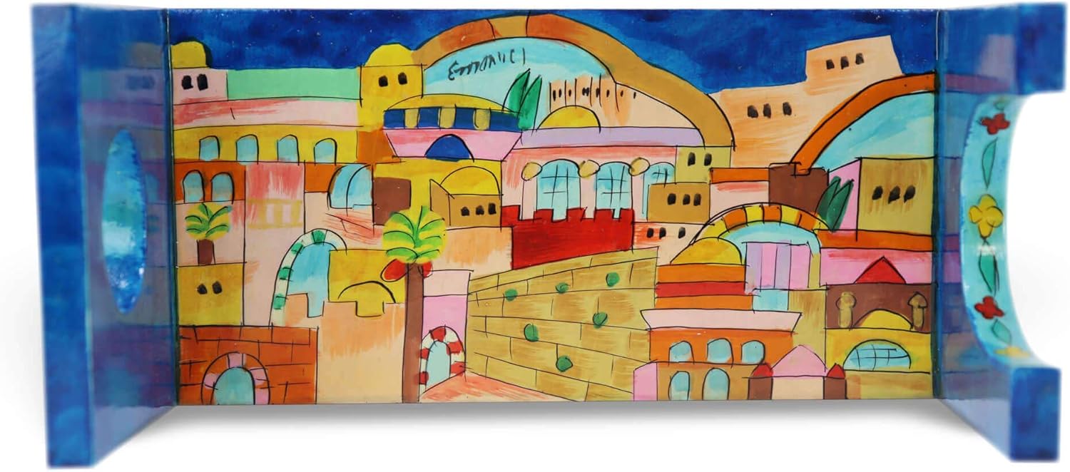 Yair Emanuel Hand-Painted Wood Shofar Stand with Jerusalem Design (Small)