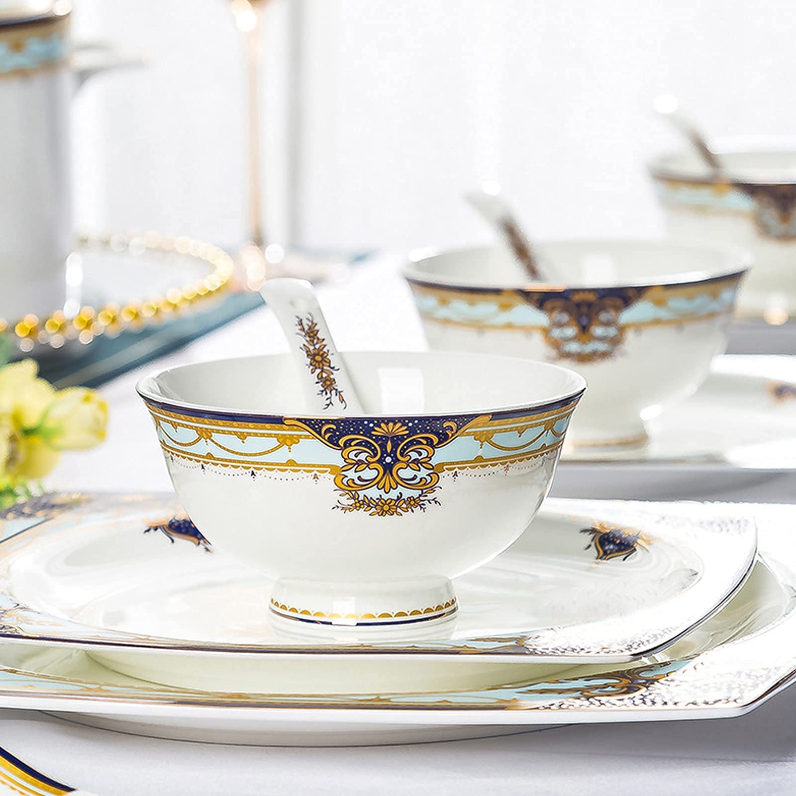 Zestaw Ceramicznych Naczyń Obiadowych W Stylu Retro, Piękny Zestaw Z Porcelany W Kolorze Złotym I Białym, Idealny Na Domowe Przyjęcie, Wesele, Hotel, Boże Narodzenie