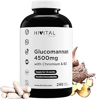 Glucomannan 4500 mg. 240 vegane Kapseln für 1,5 Monate Kur. Glucomannan aus der pflanzlichen Faser der Konjakwurzel mit Chrom und Vitamin B3. Hergestellt von HIVITAL