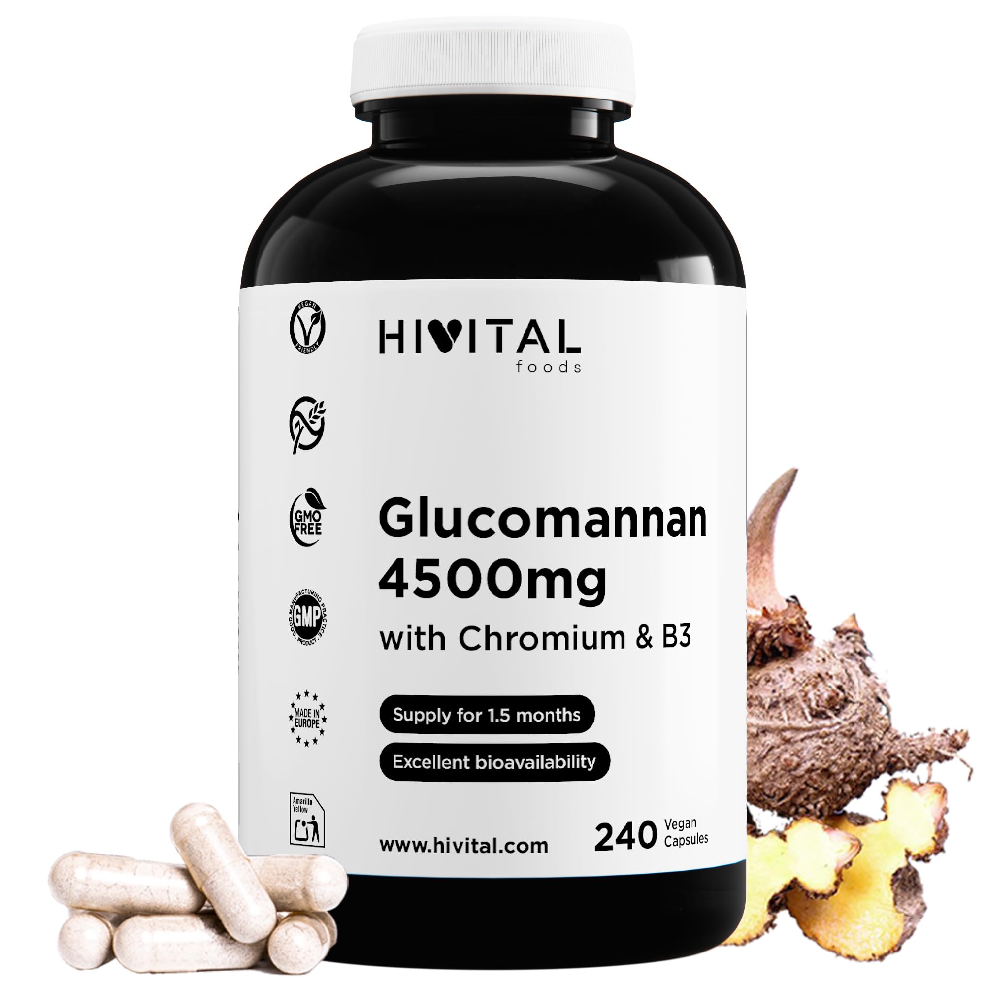 Glucomannane 4500 mg. 240 gélules végétaliennes pour 1,5 mois de traitement. Glucomannane issu de la fibre végétale de la racine de Konjac avec du Chrome et Vitamine B3. Fabriqué en Europe par HIVITAL