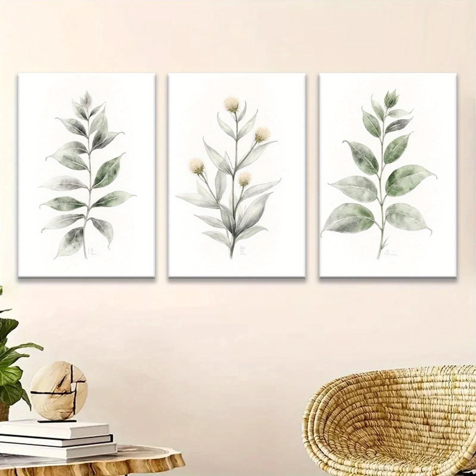 Yocheng 3pcs Set Minimalist Botanical Watercolor Wall Art Prints -Green Leaf Botanical Triptych In Soft Pastel Tones 50x70cmx3 No Frame