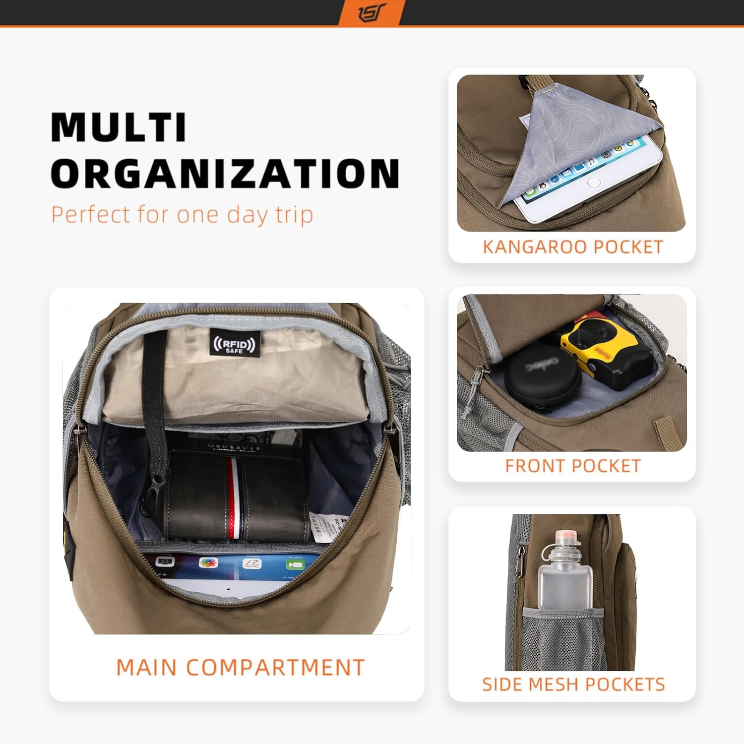 SKYSPER Sling Bag RFID Crossbody Sling Backpack Cross Body Shoulder Bag Travel Hiking Daypack for Women Men(Taupe)