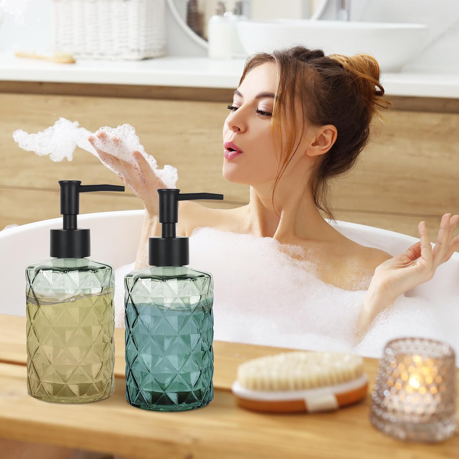 Green Glass Soap Dispenser Set for Bathroom, 11oz. Glass Soap Bottles with Plastic Pump, Kitchen Dish Soap Dispenser Set, Hand-Pump Dispenser for Shampoo, Lotion, Essential Oil (4Pcs)