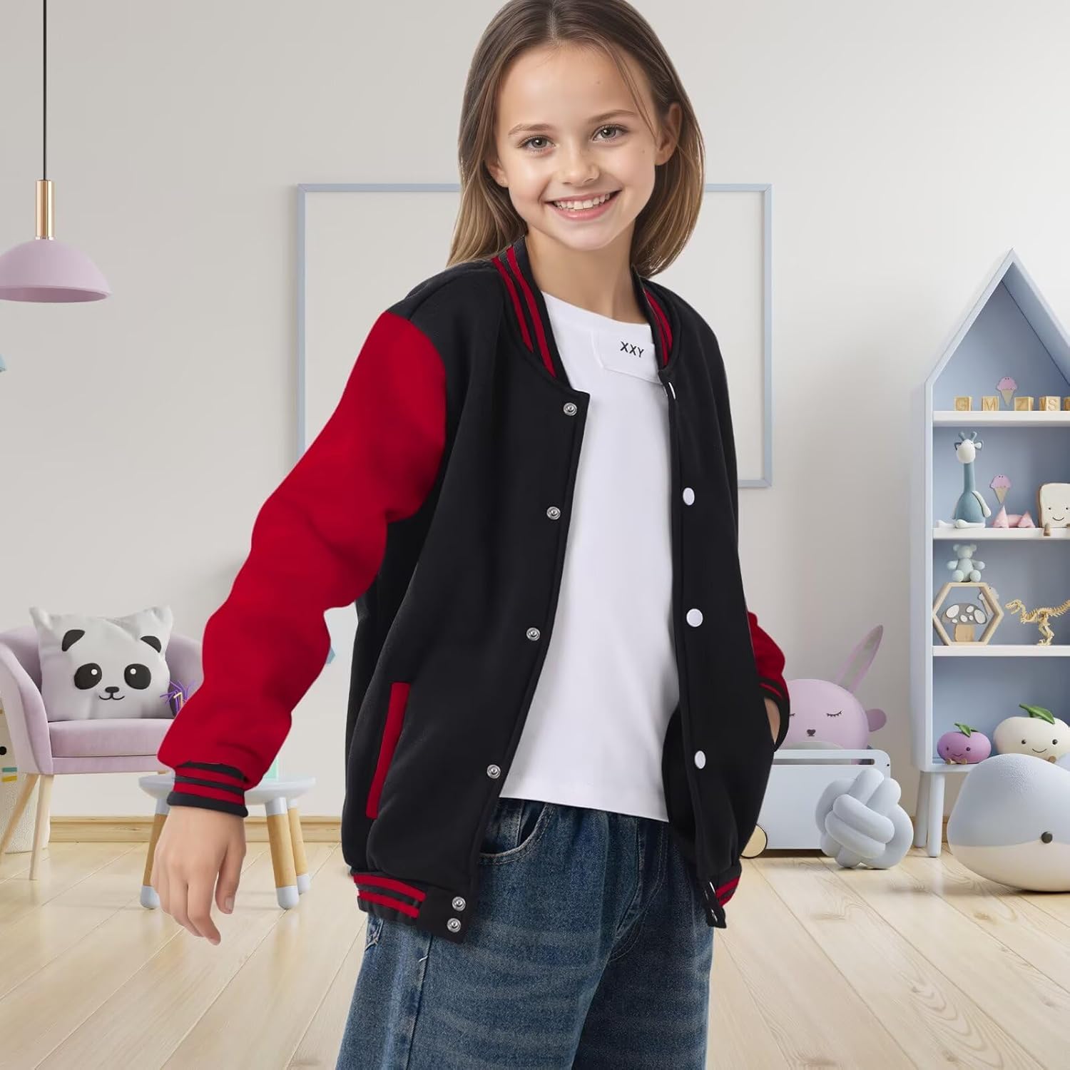 Kids Varsity Baseball Jacket Girls Boys Lightweight Cardigan Sweats Varsity Sport Team Uniforms School Coat with Pocket - Image 2