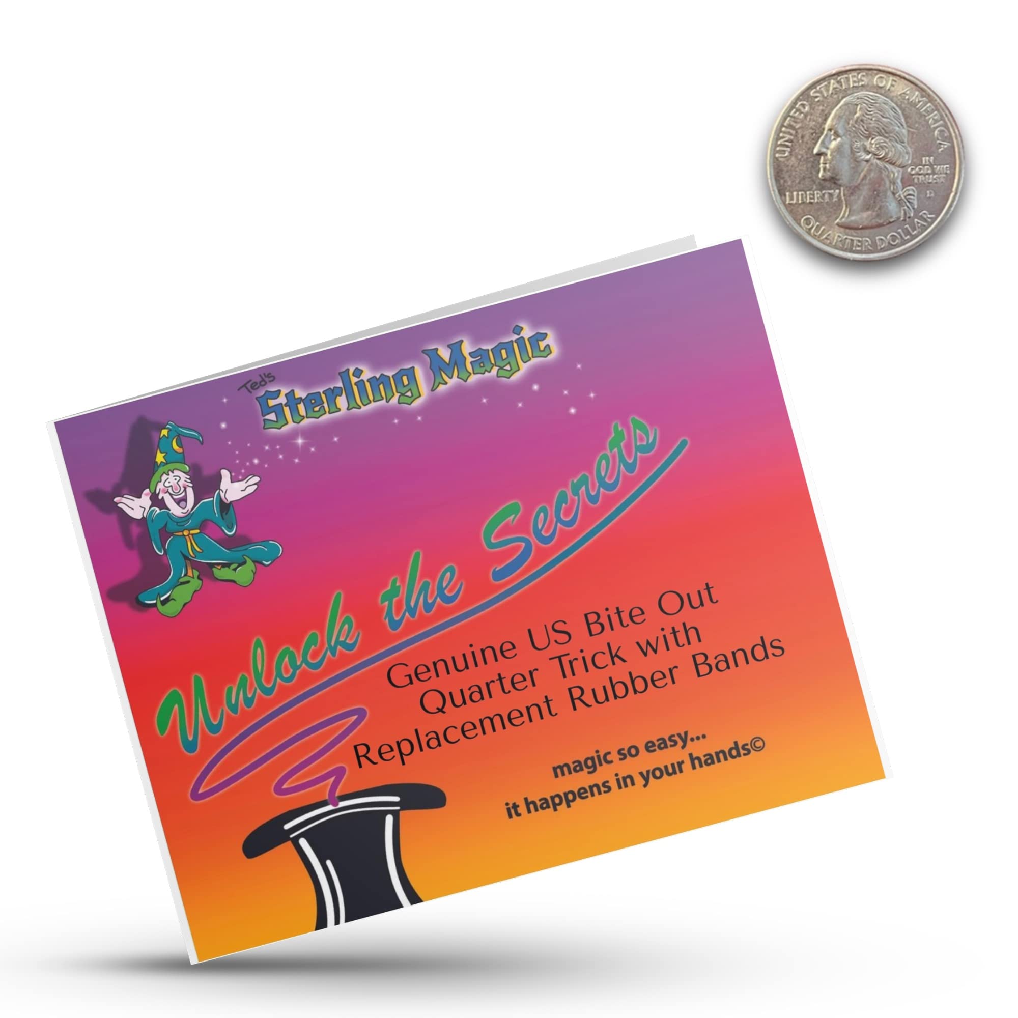 Ted's Sterling Magic US Bite Out Quarter Trick Kit with 5 Replacement Rubber Bands (Bite Out Quarter)