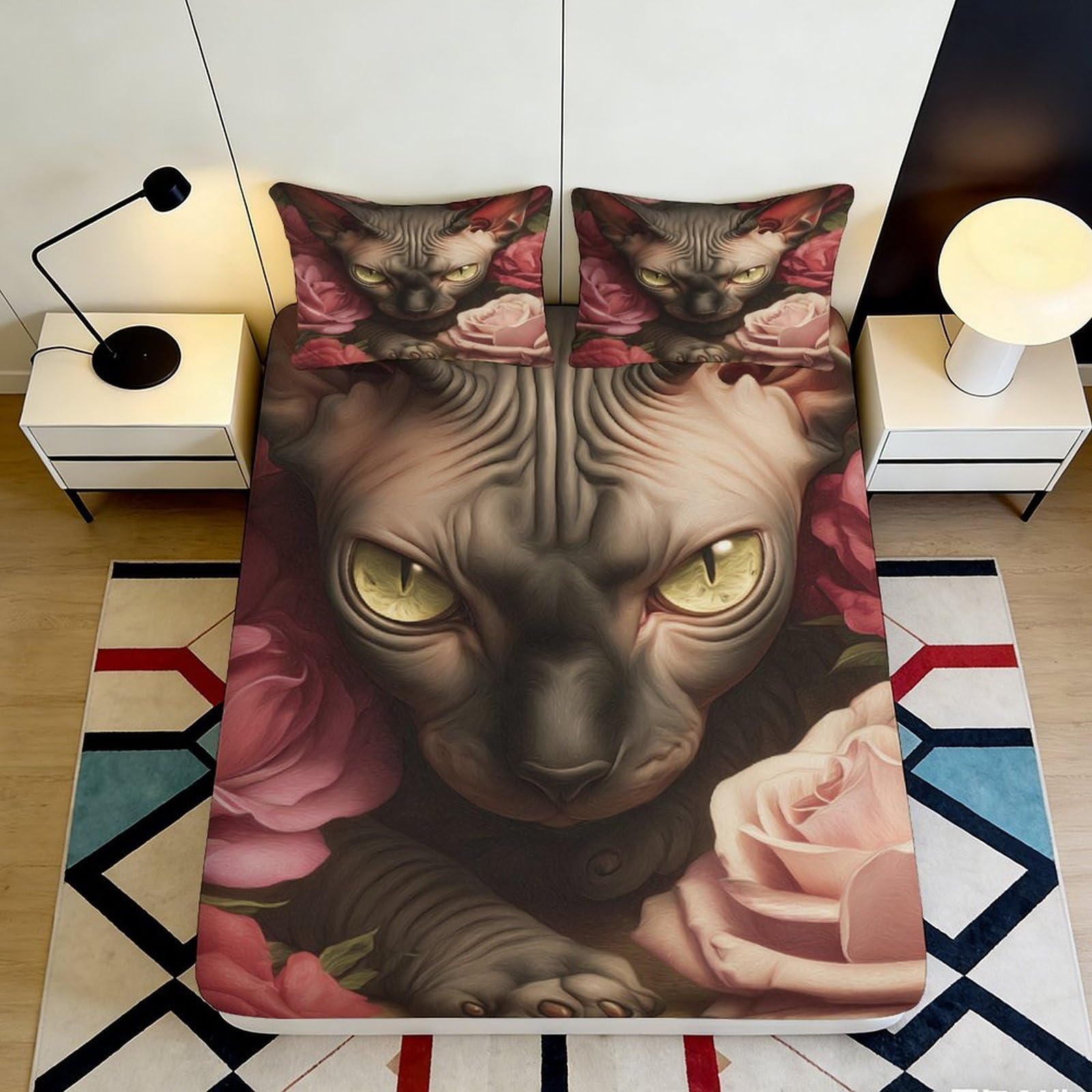 3D Printed Sphynx Cat Floral Fitted Sheet Microfiber Non-slip Mattress Cover for Bedroom Decor, Easy Care 116 160x200x25cm