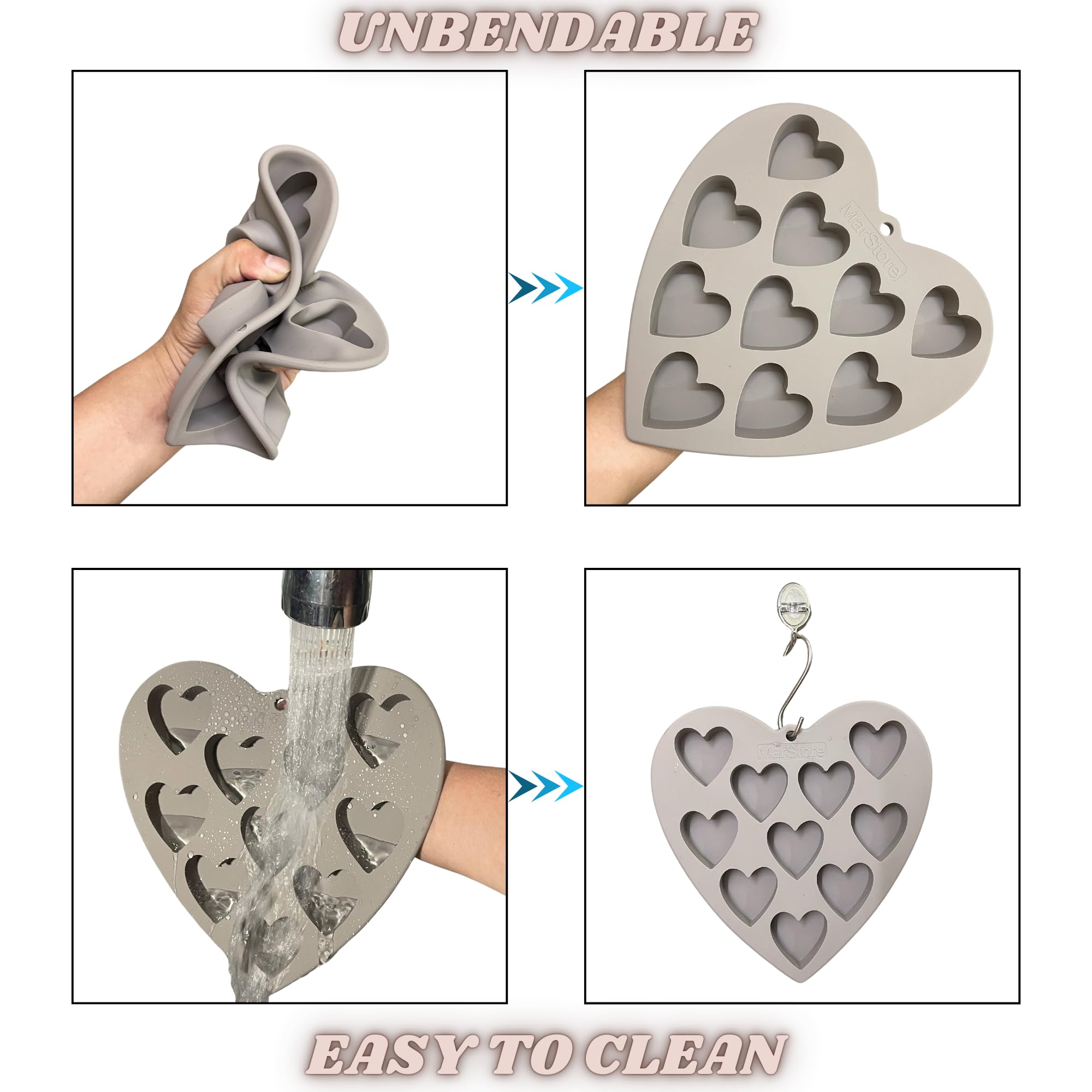 Moldes de silicona con forma de corazón para hornear, moldes grandes de 2 pulgadas, 10 cavidades adecuadas para cubitos de hielo, molde de chocolate, moldes de silicona de San Valentín (1, gris)