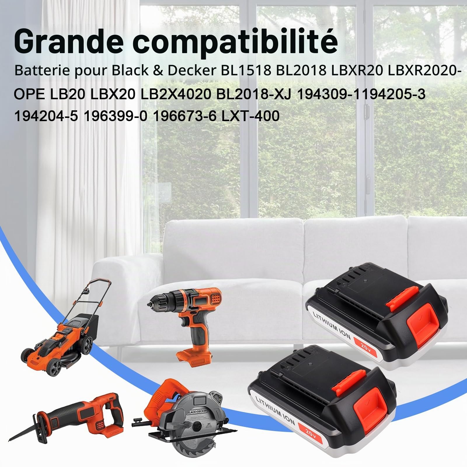 Lot de 2 Batteries de Rechange au Lithium 20 V 3000 mAh pour Black & Decker BL1518 BL2018 LBXR20 LBXR2020-OPE LB20 LBX20 LB2X4020 BL2018-XJ 194309-1 194205-3 194204-5 196399-0 196673-6 LXT-400