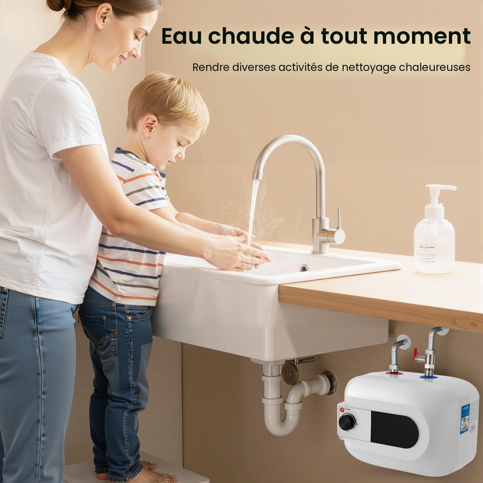 Chauff-eau électrique 6L, Mini chauffe eau instantané electrique 220V 1500W chauffe-eau cuisine d'eau sous évier 30-65℃, Montage mural Chauffe-eau électrique sans réservoir