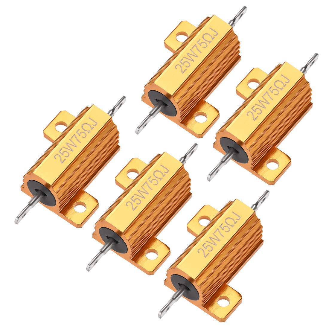 5 Resistenze Di Carico 25W 75 Ohm In Alluminio - Resistor A Filo Avvolto Montaggio A Telaio - Colore Oro