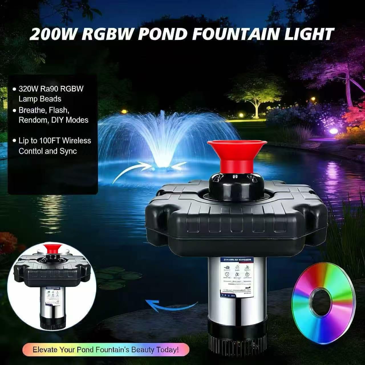 Teichbrunnenbelüfter, Teichbelüfter, mit dynamischer LED-RGB-Beleuchtung, einstellbarer Modi, digitaler Timer, 1 PS 15.000 GPH, 750 W 110 V, 30 m Kabel – für große Teiche, Seen und Wasserspiele im