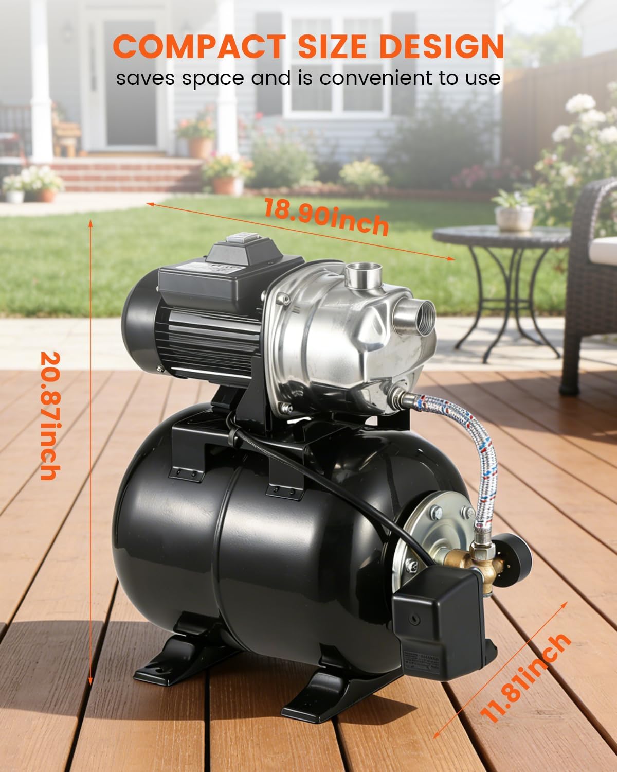 1.6 HP Shallow Well Pump with Pressure Tank, 1320 GPH, Water Jet Irrigation Pump, Automatic Pressure Switch, Stainless Steel, for Home, Farm, Garden & Yard, Black