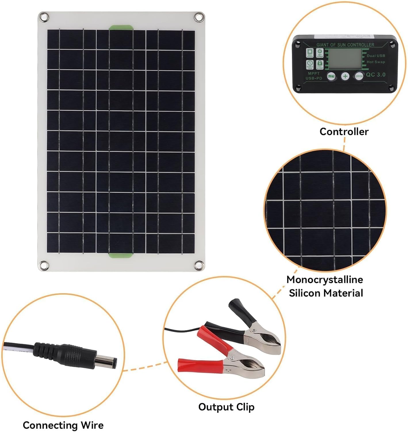 50W 30A Solar Battery Charger, 12V 24V Solar Panel Charger Controller Solar Panel for Car Boat Marine RV Trailer Truck