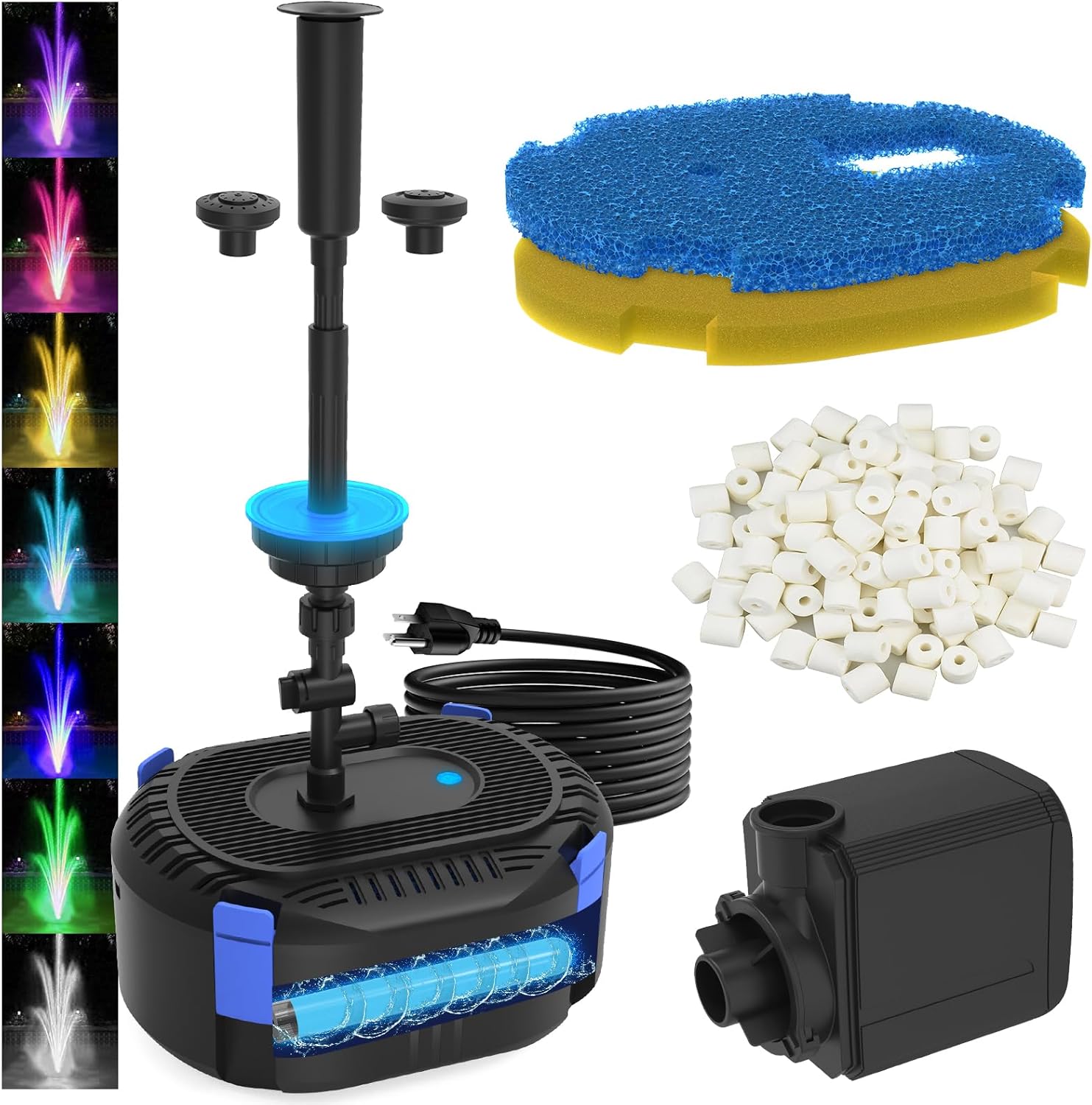 AquaMiracle All-in-One Pond Fountain Kit with Automatic Colorful LED for Outdoor Ponds 200-500 Gal, 550GPH Koi Pond Filter Pump with U - V Light to Tackle Green Water Al-gae, with 3 Spray Patterns 530GPH(2000L/H)
