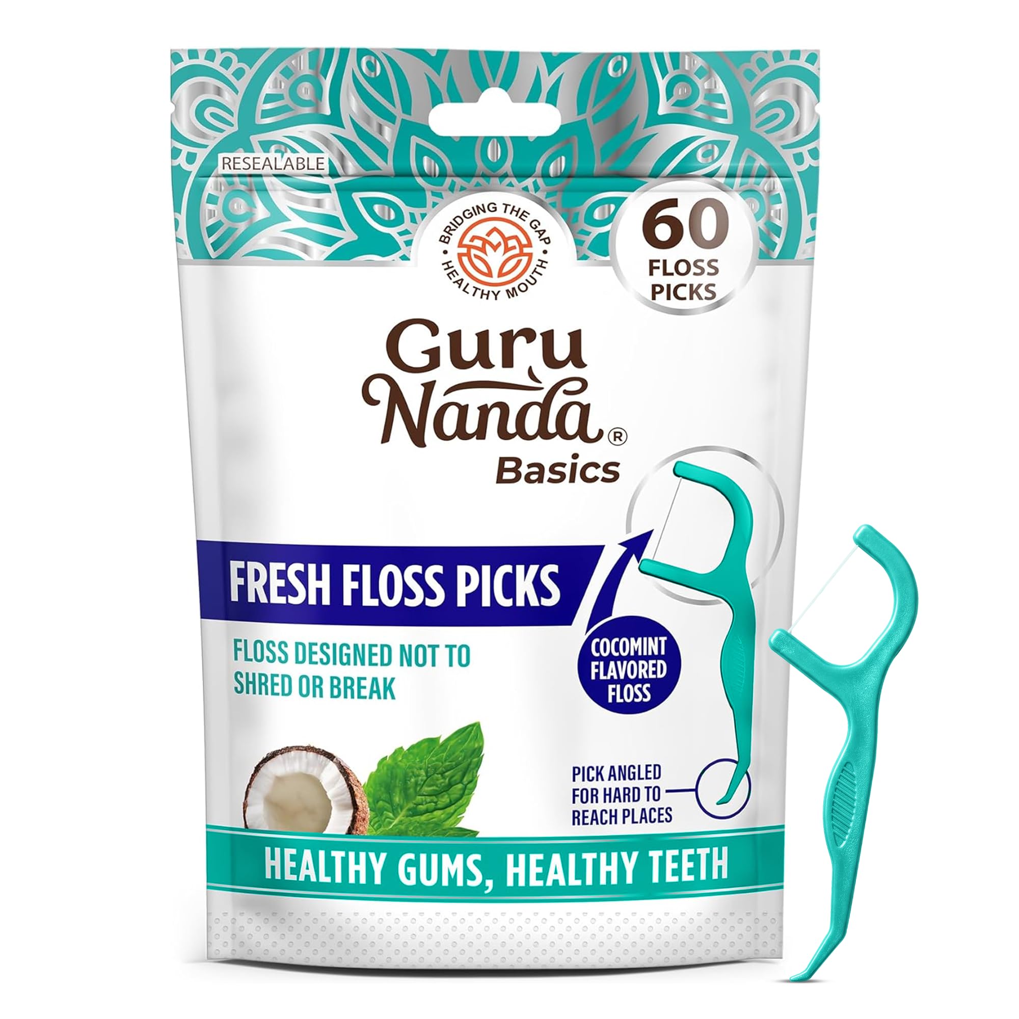 GuruNanda Fresh Dental Floss Picks with Angled Toothpick, Cocomint, 60 ct 60 Count (Pack of 1)