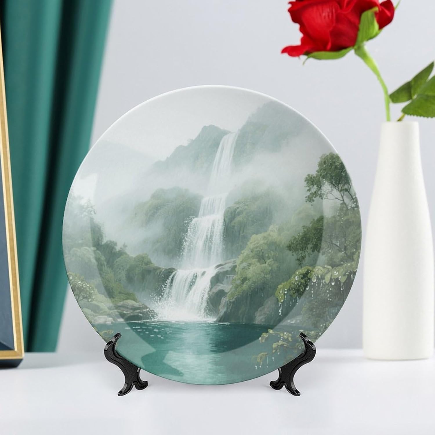 Bone China Decorative Plates Mountain Waterfall Ceramic Decorative Plate Wall Decor with Display Stand Ceramic Ornaments for Wall Hanging Decoration