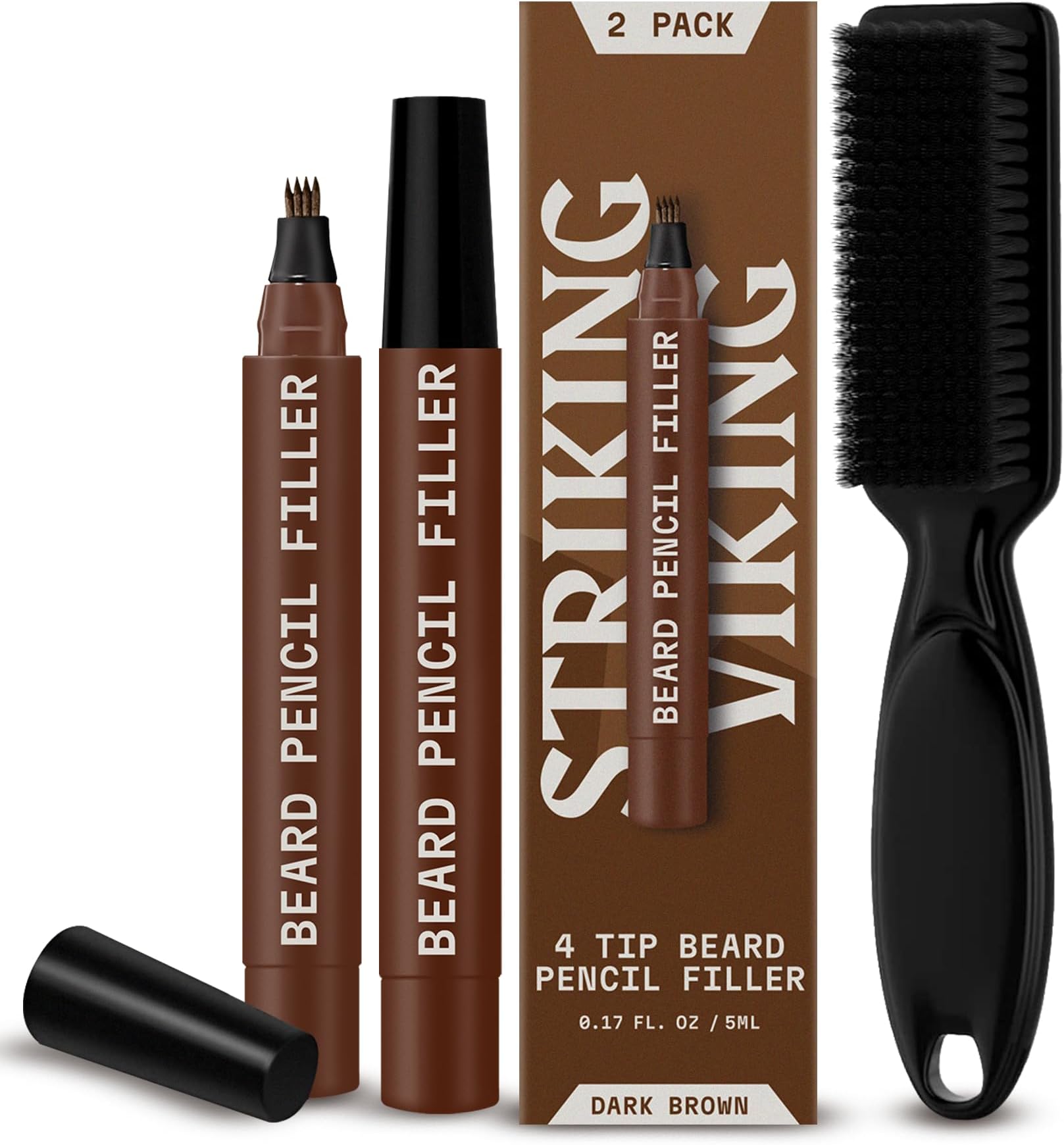 Striking Viking 2 Pack Beard Pencil Filler for Men - Updated Filling Kit With 4 Tips, Brush - Long Lasting Waterproof - Fill, Shape, & Define - Dark Brown, 2 Pens, 1