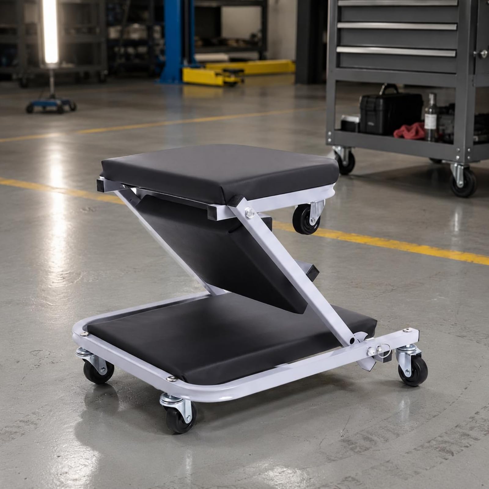 de Trabajo Plegable con Función Doble de Banco y Camilla Marco Resistente con Espuma Ruedas Direccionales y Asiento Ergonómico Adecuada para Mecánicos y Bricolaje, Negro+Rojo, 36 Pulgadas