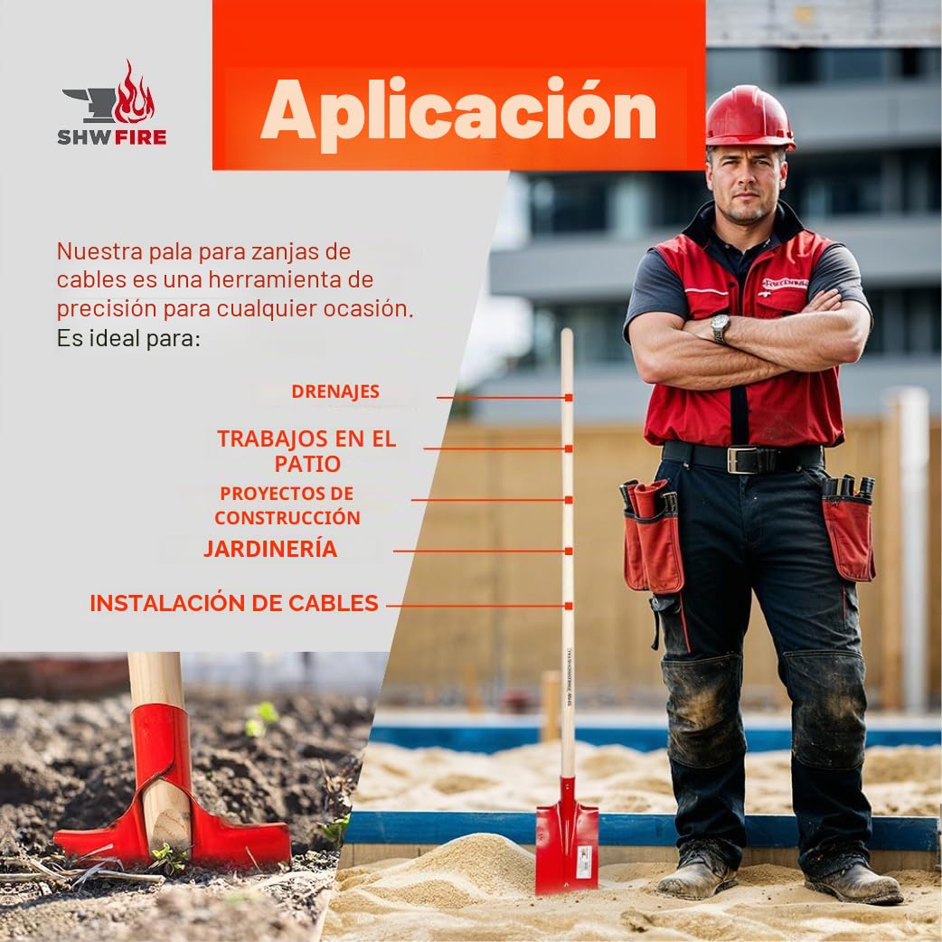 SHW-FIRE Pala de trinchera de cable de 30 x 16 cm con protección contra golpes, acero especial resistente, mango largo de madera de fresno, ideal para zanjas estrechas, pala para drenaje y colocación
