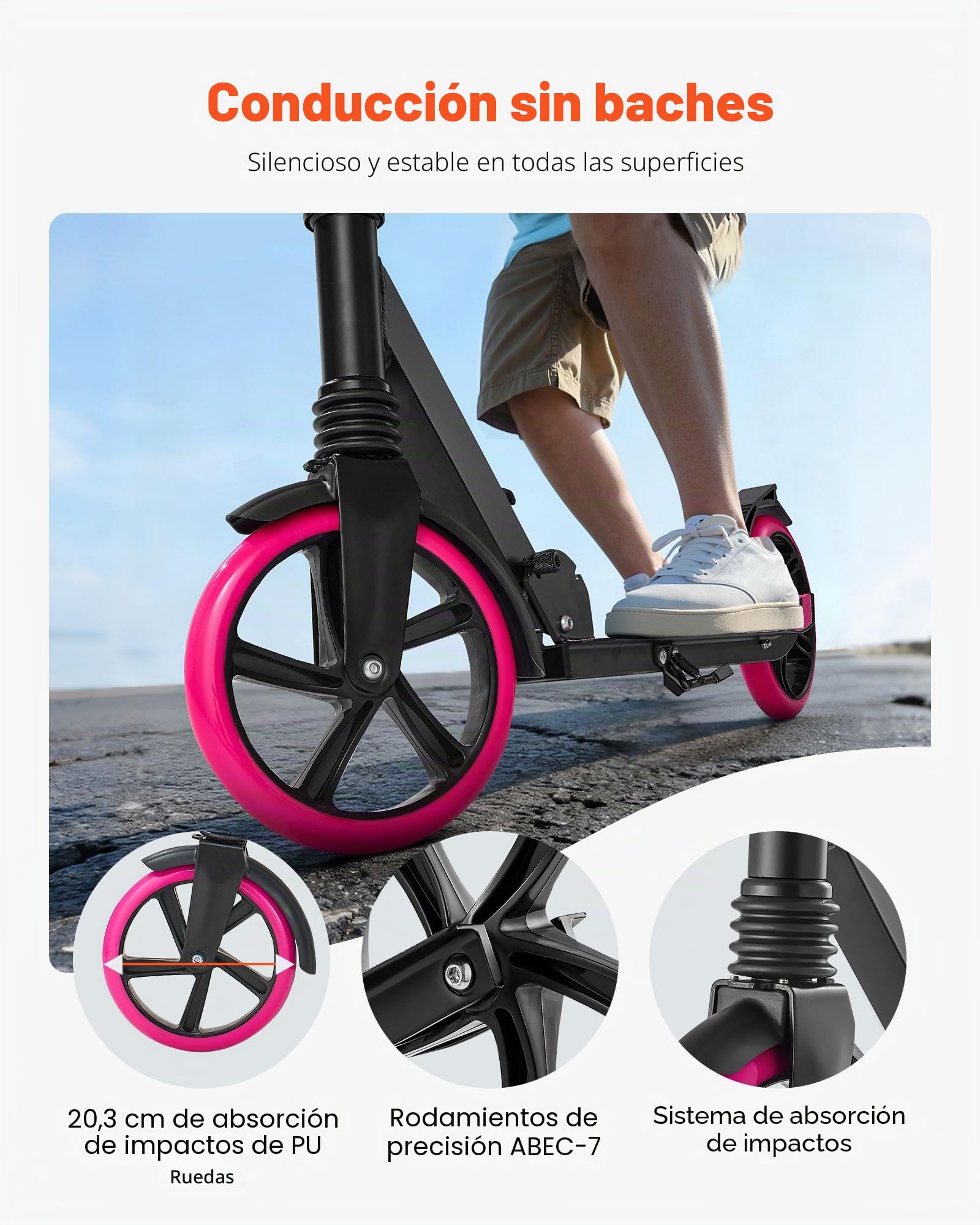 VEVOR Patinete para Niños a Partir de 8 Años, 2 Ruedas, con Manillar Regulable en Altura y Base Antideslizante, Marco de Aleación de Aluminio, Soporta hasta 100 kg, Rosa, 900 x 380 x 1000 mm