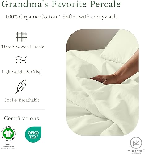 Miniatura 2 de Threadmill Sábanas 100% algodón orgánico, tamaño Queen, 4 piezas, color marfil, certificado por GOTS, juego de sábanas suaves y refrescantes con