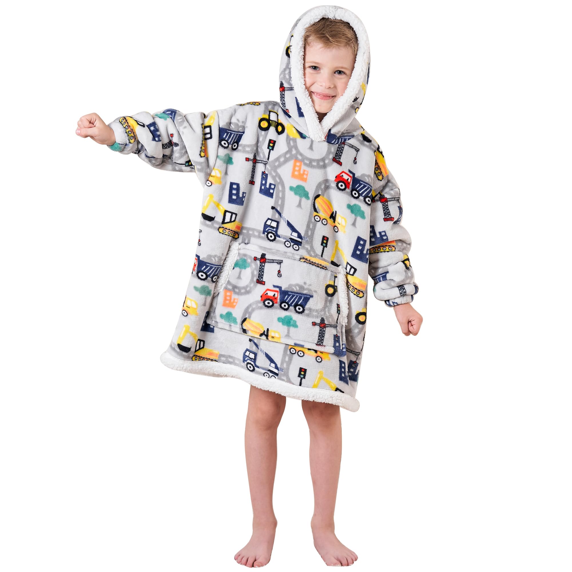 Viviland Wearable Blanket Hoodie for Kids Soft Flannel Sherpa Sweatshirt Blanket with Giant Pocket Warm Plush Comfy Hooded Blanket for Boys Toddler Grey Construction Truck 2-6 Years Old Boys Gift