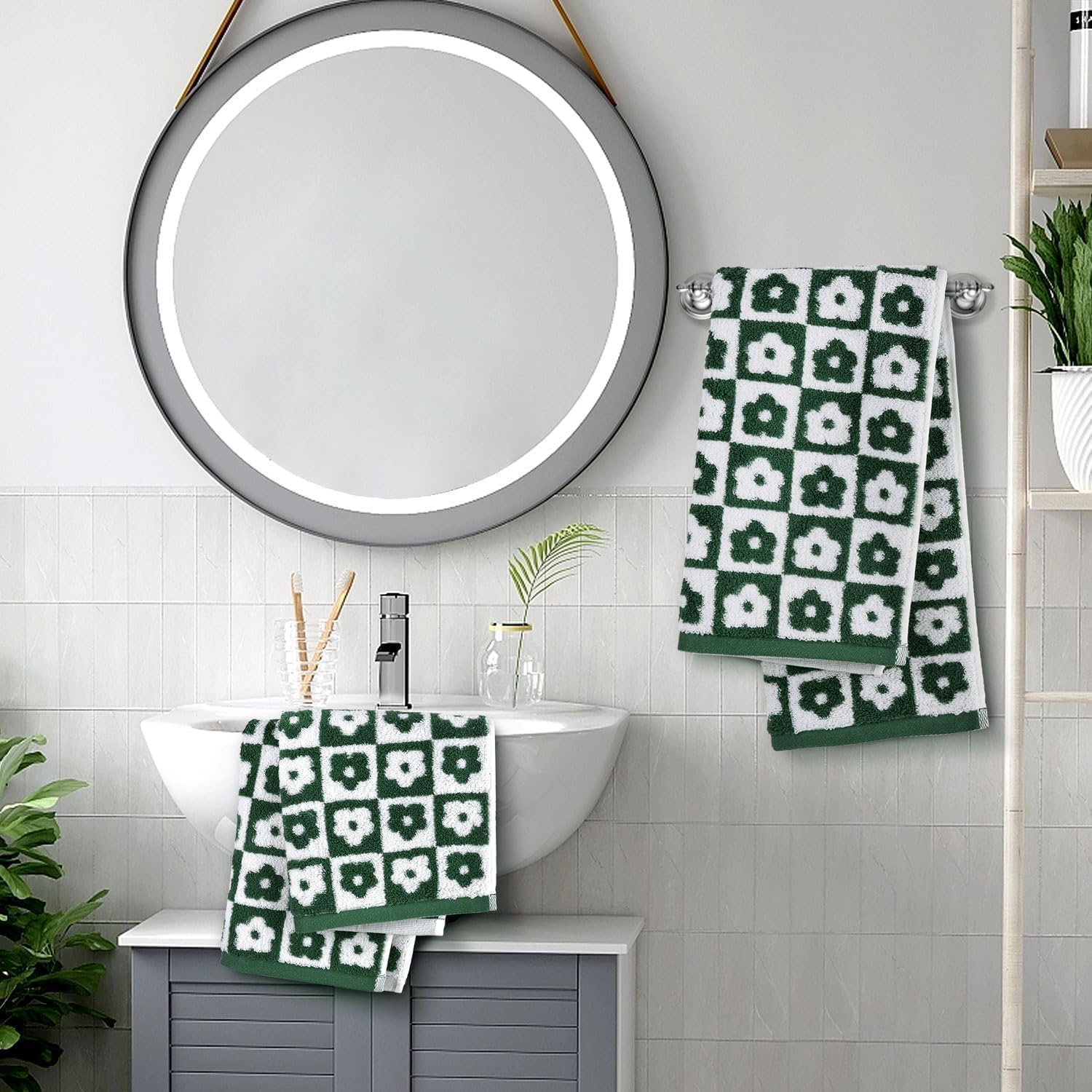 Jacquotha Cotton Hand Towels Green Checkered Floral - Quick Drying Hand Towel Set of 4, for Bathroom Kitchen Decor, 29” x 13”