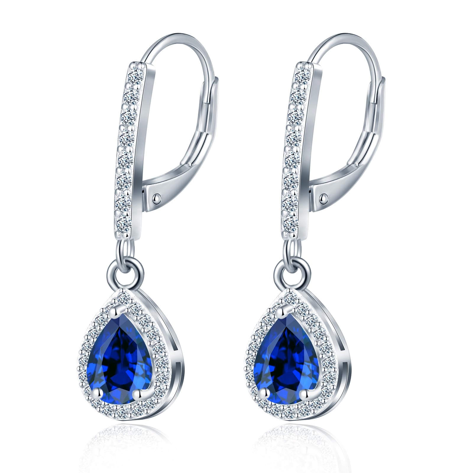 MicLee Damen Saphir Ohrringe Anhängern 925 Sterling Silber Creolen mit French Verschluss Zirkonia Ohrhänger Elegant Ohrschmuck für Alltag Hochzeit Party