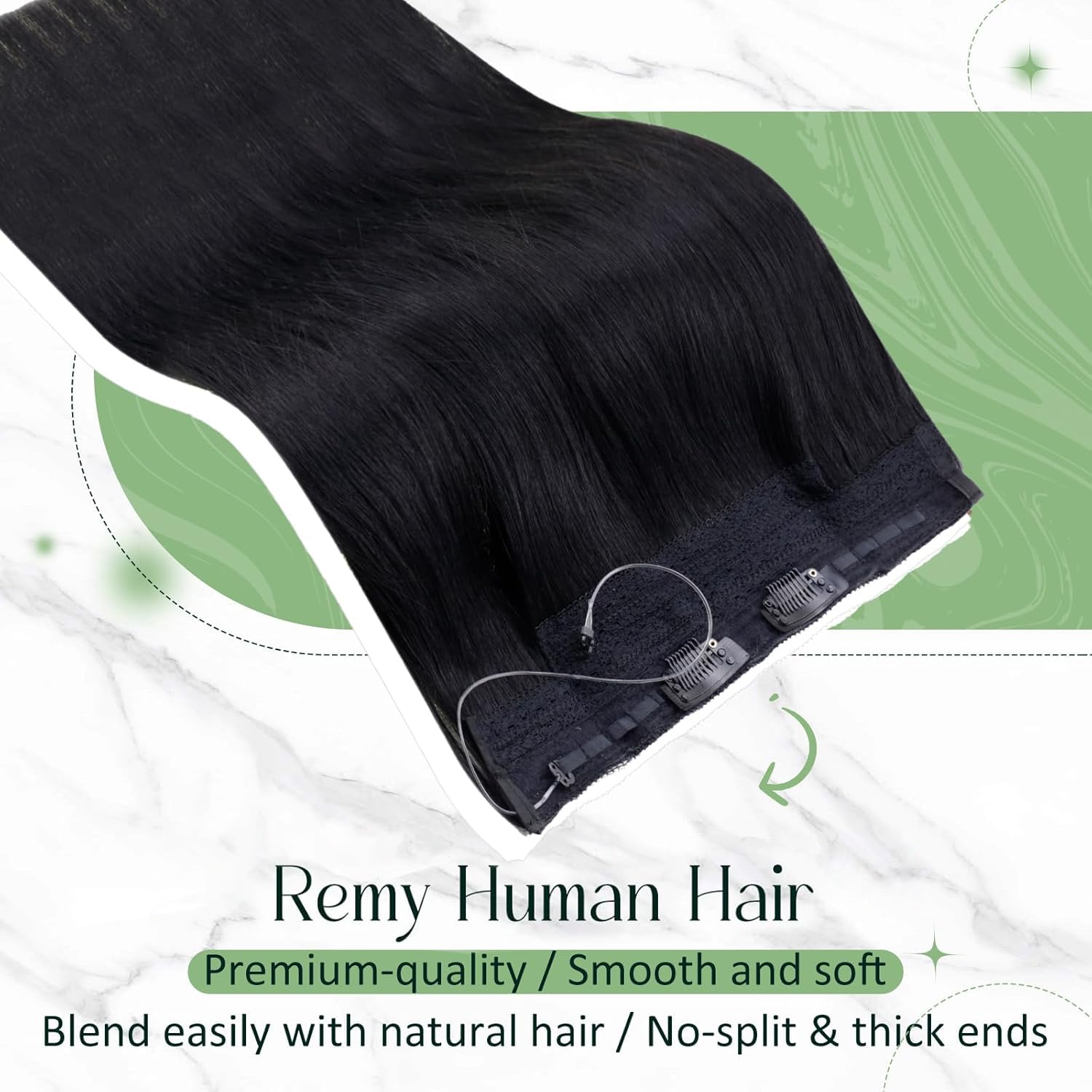 RUNATURE Short Wire Hair Extensions Real Human Hair Invisible Wire Hair Extensions Black One Piece 12 Inch 70g Seamless Fish Line Hairpiece #1 Jet Black
