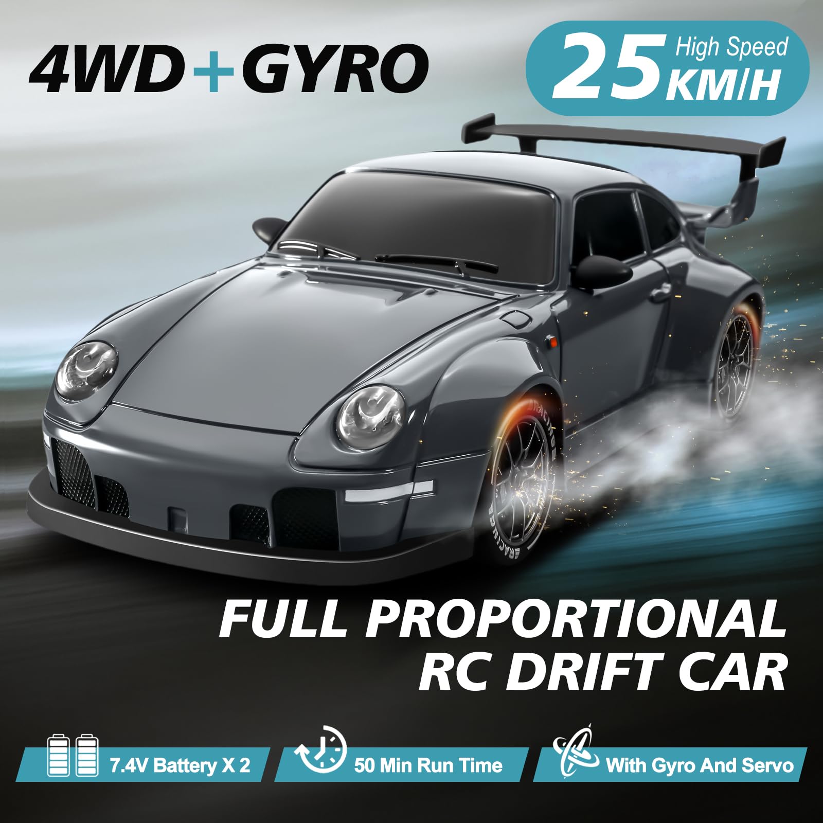 ACAMMZAR Coche Teledirigido Drift con Giroscopio, 1:24 25KM/H Proporcional Completo 4WD RC Drift Coche, con Luces LED, Gyro, RC Cars para Adultos Niñas, Gris