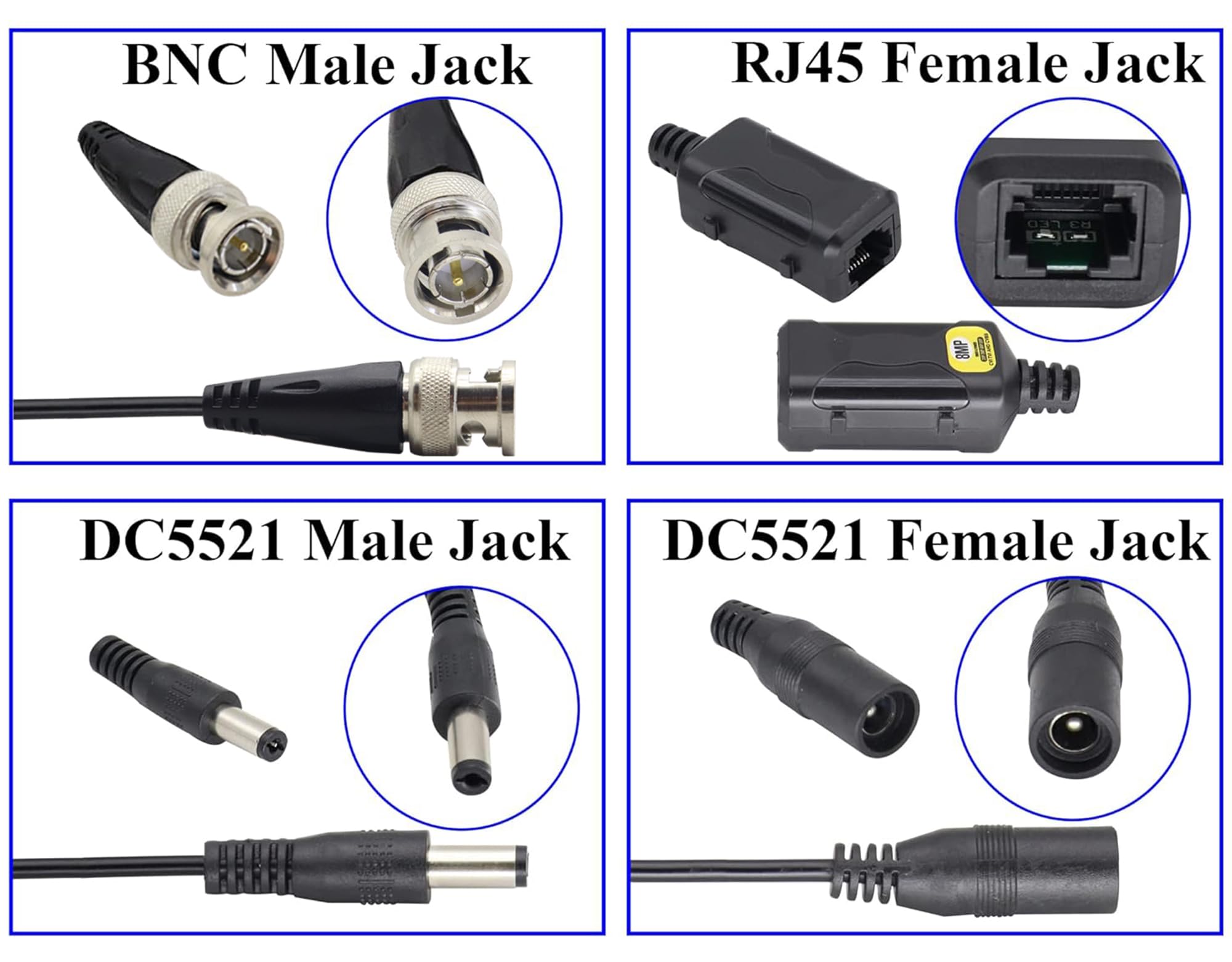 HD Video Balun BNC Macho a RJ45 Hembra Full HD RJ45 Hembra a BNC/DC Adaptador Cámara de Vigilancia Analógica Transceptor de Red para Todos los Equipos de Video (16.5 cm/4 pares)