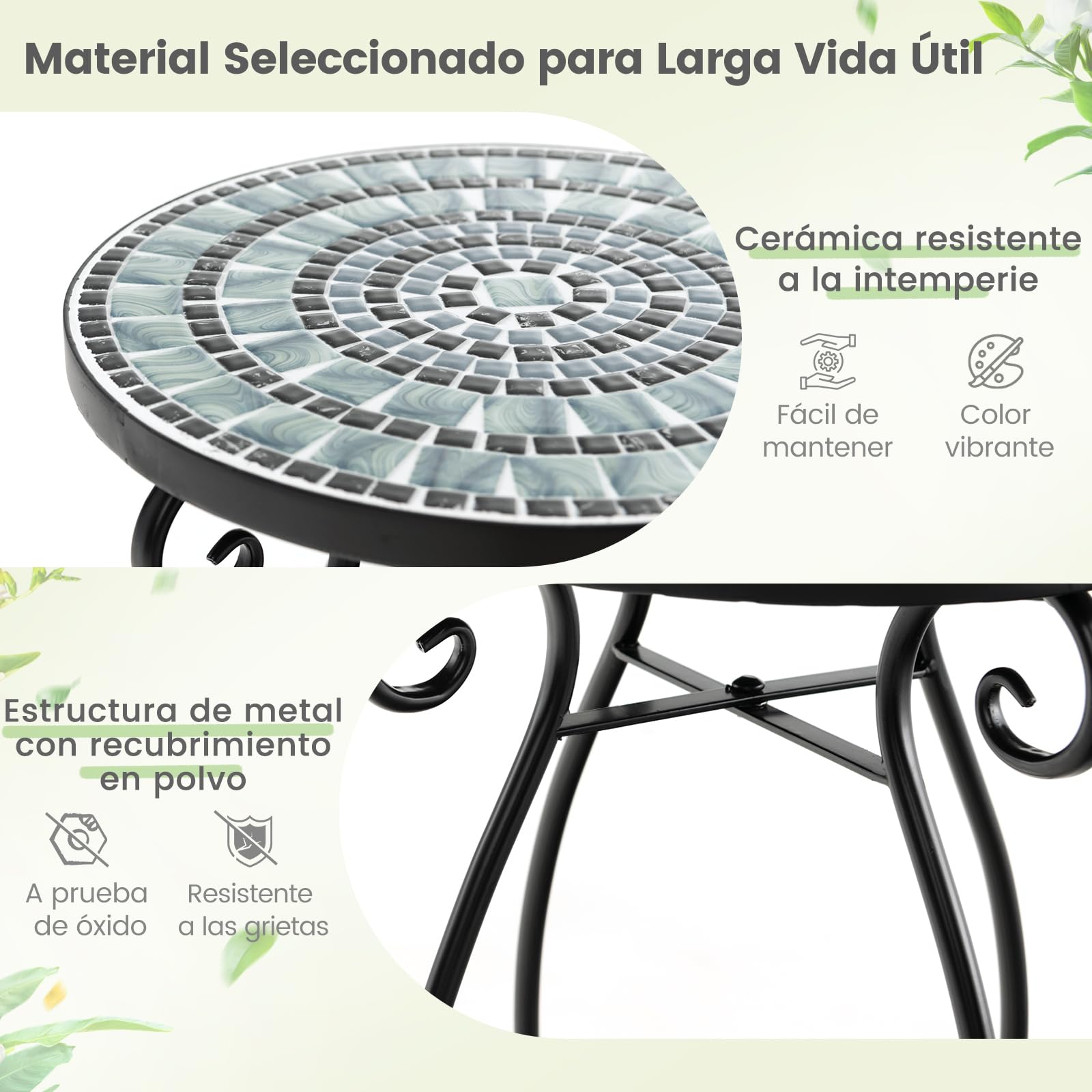 COSTWAY Mesa Auxiliar de Exterior Mosaico, Mesa de Jardín Redonda con Tablero de Cerámica Resistente, Soporte para Plantas Pequeña para Balcón Patio,Jardín, Mesa de Acento (Turquesa)
